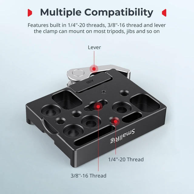 Alt view image 3 of 7 - Quick Release Mount Plate Clamp for Arca-Type, Lightweight Clamp | Baseplate Clamp with 1/4''-20 Threaded, 3/8''-16 Threaded and Lever