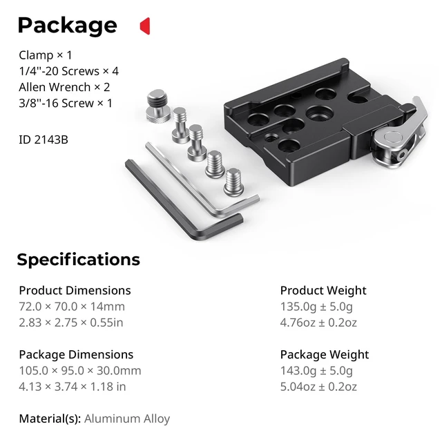 Alt view image 7 of 7 - Quick Release Mount Plate Clamp for Arca-Type, Lightweight Clamp | Baseplate Clamp with 1/4''-20 Threaded, 3/8''-16 Threaded and Lever
