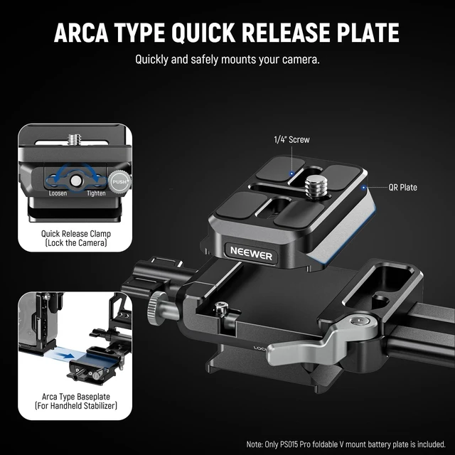 Alt view image 3 of 7 - Foldable V Mount Battery Plate with Arca Type Baseplate, PS015 PRO | Quick Release Camera Base Plate, Lightweight DSLR Video Rig, Compatible with SmallRig V Mount Battery Cage DJI RS4 RS3 Gimbal