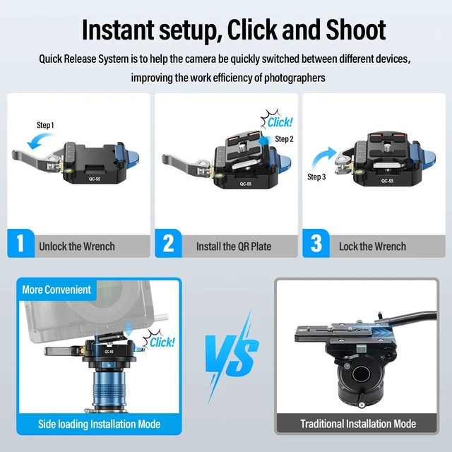 Alt view image 4 of 7 - QC-55 Quick Release Plate and Clamp, 55mm Camera Mount Adapter | 1/4" & 3/8" Threads, Tripod, Monopod, DSLR, Stabilizer, Quick Release Mount, Camera Rig Compatible