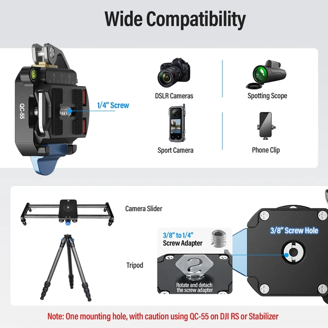 Alt view image 7 of 7 - QC-55 Quick Release Plate and Clamp, 55mm Camera Mount Adapter | 1/4" & 3/8" Threads, Tripod, Monopod, DSLR, Stabilizer, Quick Release Mount, Camera Rig Compatible