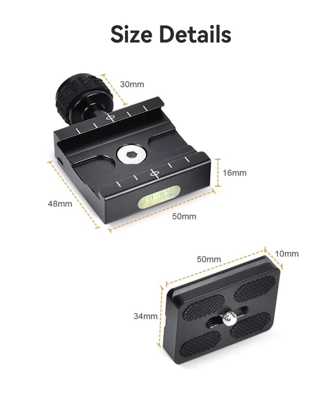 Alt view image 6 of 7 - 50mm Arca Swiss Quick Release Plate, with 3/8"&1/4" Screw, Black | Aluminum QR Clamp Adapter Set, Built-in Bubble Level Compatible with Manfrotto DSLR Camera Tripod Ball Head Monopod