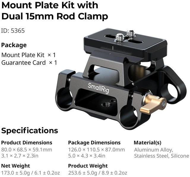 Alt view image 6 of 6 - Universal Mount Plate Kit with Dual 15mm Rod Clamp | Built-in Quick Release Plate for Arca-Swiss, with 1/4"-20 and 3/8"-16 Threaded Holes, for Cameras