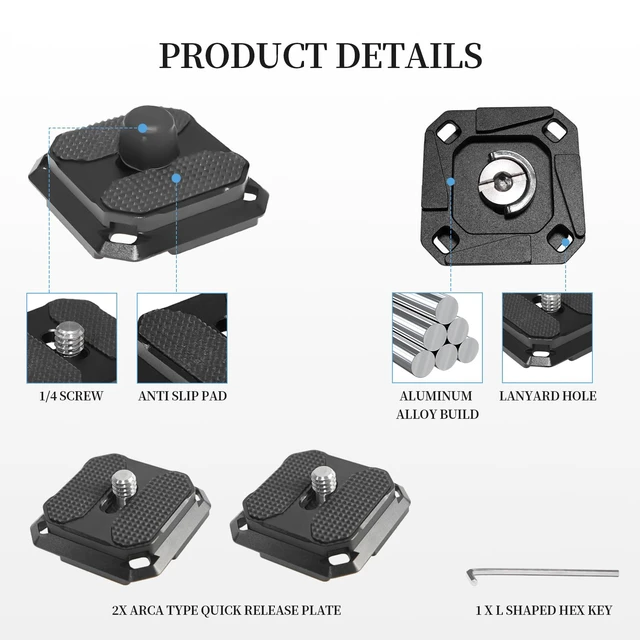 Alt view image 6 of 7 - 2 Pack Arca-Swiss Plate, Quick Release Plate Camera Mount for Tripod,38mm Arca-Swiss Mount Plate with Safety Pins, Lightweight Aluminum for Tripod/Monopod/Strap, 1/4" Screw Compatible Camera,0.67oz