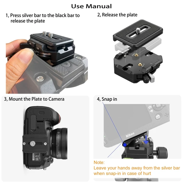 Alt view image 3 of 7 - Quick Release Plate System, Aluminum Alloy Arca-Swiss Compatible Base and Top Plate with 1/4" & 3/8" Mounts for DSLR, Tripod, Gimbal, and Slider (11lbs Load Capacity)