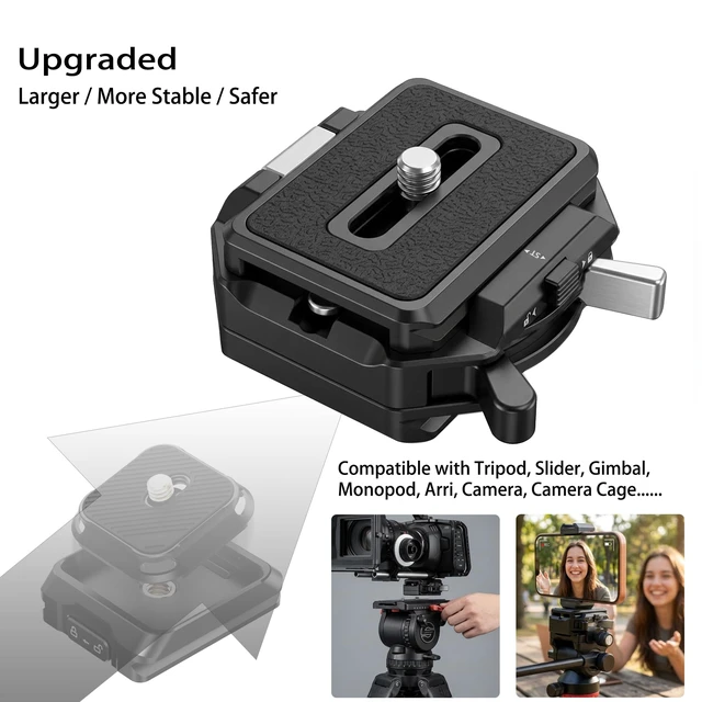 Alt view image 4 of 7 - Quick Release Plate System, Aluminum Alloy Arca-Swiss Compatible Base and Top Plate with 1/4" & 3/8" Mounts for DSLR, Tripod, Gimbal, and Slider (11lbs Load Capacity)