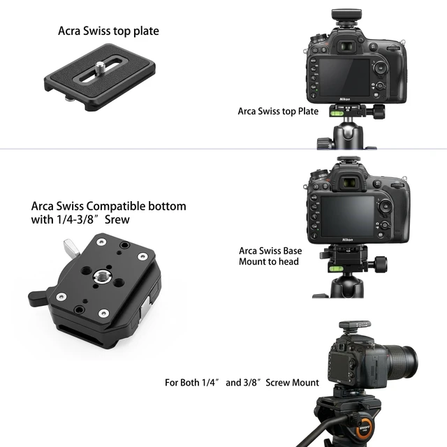 Alt view image 5 of 7 - Quick Release Plate System, Aluminum Alloy Arca-Swiss Compatible Base and Top Plate with 1/4" & 3/8" Mounts for DSLR, Tripod, Gimbal, and Slider (11lbs Load Capacity)