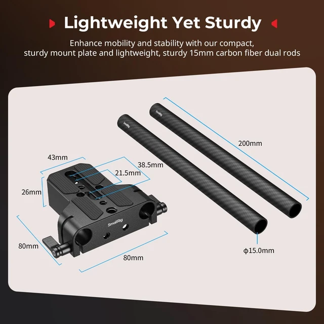 Alt view image 3 of 7 - Camera Base Plate Kit with 15mm LWS Rod Rail Clamp, Dual 15mm Rod | Carbon Fiber 15mm Rods (8'' / 20cm), for Sony A6500 A6600 A6300, for Canon R5 R6, for Sony A7SIII / A7III, for Camera & Cage