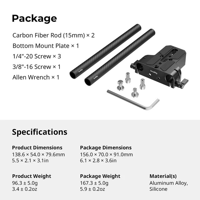 Alt view image 7 of 7 - Camera Base Plate Kit with 15mm LWS Rod Rail Clamp, Dual 15mm Rod | Carbon Fiber 15mm Rods (8'' / 20cm), for Sony A6500 A6600 A6300, for Canon R5 R6, for Sony A7SIII / A7III, for Camera & Cage