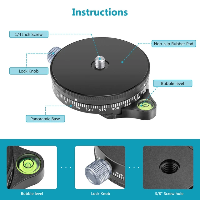 Alt view image 3 of 7 - Camera Panoramic Panning Base with Style Plate | 3/8 inch Screw, Aluminum Alloy Panorama Ball Tripod Head with Bubble Level, for Tripod Monopod DSLR Cameras, Max Load 22 LB