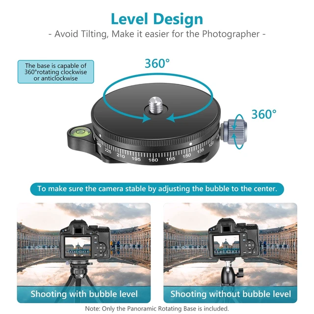 Alt view image 4 of 7 - Camera Panoramic Panning Base with Style Plate | 3/8 inch Screw, Aluminum Alloy Panorama Ball Tripod Head with Bubble Level, for Tripod Monopod DSLR Cameras, Max Load 22 LB