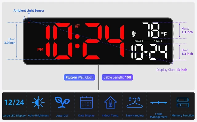 Alt view image 3 of 7 - Large LED Digital Wall Clock with Date, Temperature, Auto-Brightness, Auto-DST | Big Digital Clock for Bedroom, Desk, Classroom, Living Room, Kitchen, Office, Gym, Farmhouse, Xmas Gift for Seniors