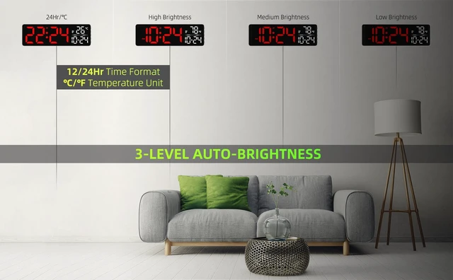 Alt view image 5 of 7 - Large LED Digital Wall Clock with Date, Temperature, Auto-Brightness, Auto-DST | Big Digital Clock for Bedroom, Desk, Classroom, Living Room, Kitchen, Office, Gym, Farmhouse, Xmas Gift for Seniors