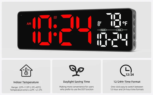 Alt view image 6 of 7 - Large LED Digital Wall Clock with Date, Temperature, Auto-Brightness, Auto-DST | Big Digital Clock for Bedroom, Desk, Classroom, Living Room, Kitchen, Office, Gym, Farmhouse, Xmas Gift for Seniors