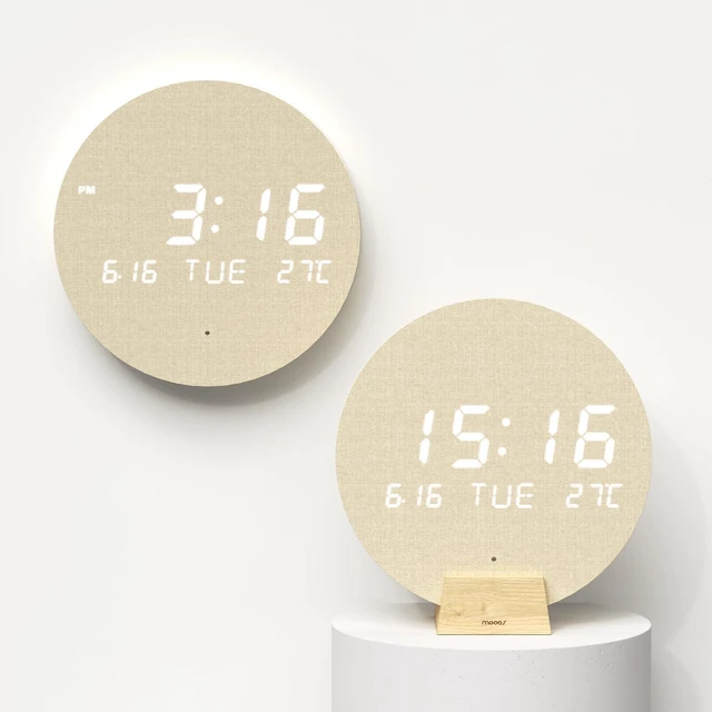 Main image of Wood Moon Cordless Mini Digital LED Wall Clock, Date, Temperature | Auto Brightness, Wall Mount/Wooden Stand, Wireless Wall Clock Modern Minimalist Décor, Office Livingroom Bedroom