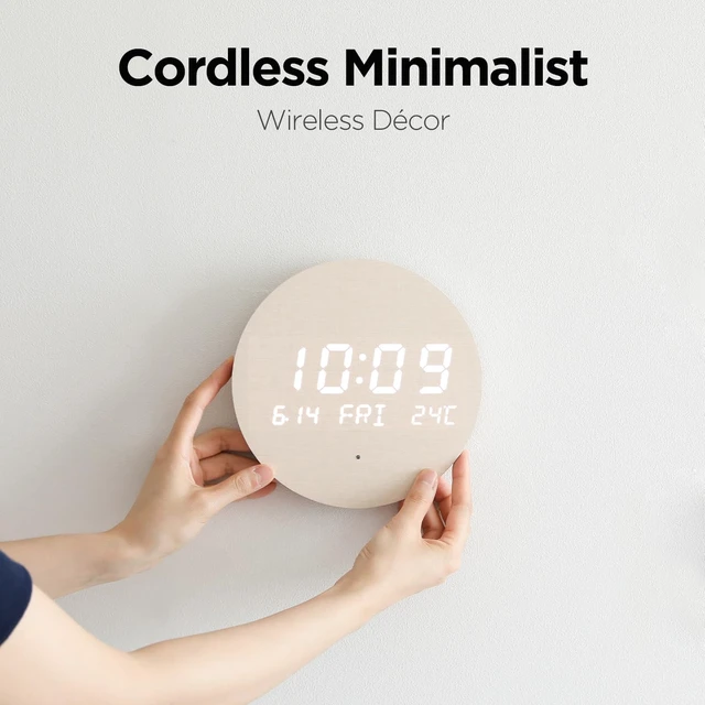 Alt view image 2 of 6 - Wood Moon Cordless Mini Digital LED Wall Clock, Date, Temperature | Auto Brightness, Wall Mount/Wooden Stand, Wireless Wall Clock Modern Minimalist Décor, Office Livingroom Bedroom