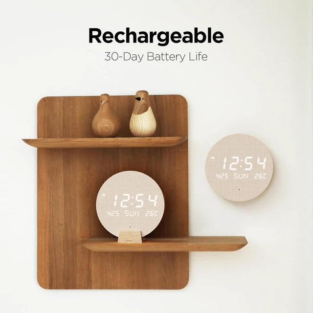 Alt view image 4 of 6 - Wood Moon Cordless Mini Digital LED Wall Clock, Date, Temperature | Auto Brightness, Wall Mount/Wooden Stand, Wireless Wall Clock Modern Minimalist Décor, Office Livingroom Bedroom