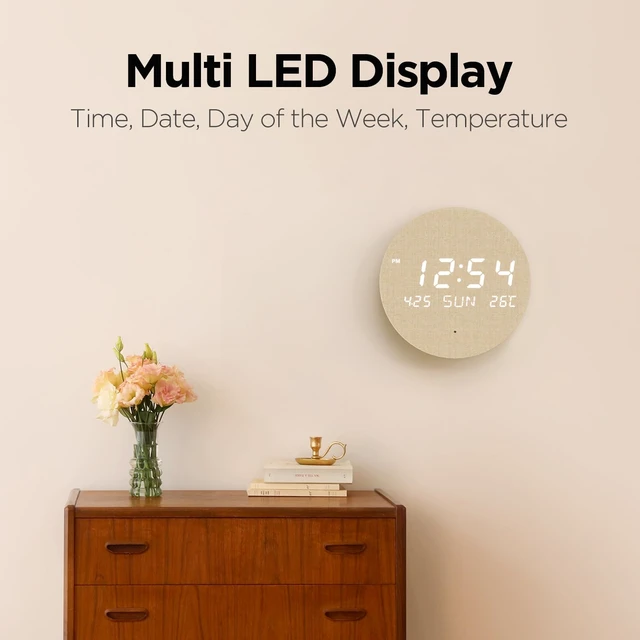Alt view image 3 of 6 - Wood Moon Cordless Mini Digital LED Wall Clock, Date, Temperature | Auto Brightness, Wall Mount/Wooden Stand, Wireless Wall Clock Modern Minimalist Décor, Office Livingroom Bedroom