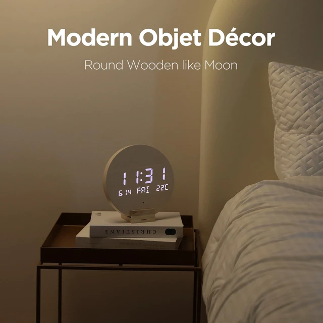 Alt view image 6 of 6 - Wood Moon Cordless Mini Digital LED Wall Clock, Date, Temperature | Auto Brightness, Wall Mount/Wooden Stand, Wireless Wall Clock Modern Minimalist Décor, Office Livingroom Bedroom