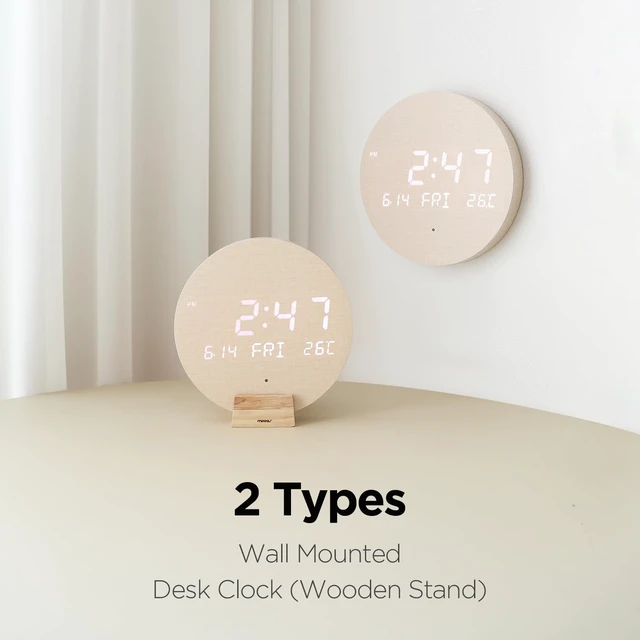 Alt view image 5 of 6 - Wood Moon Cordless Mini Digital LED Wall Clock, Date, Temperature | Auto Brightness, Wall Mount/Wooden Stand, Wireless Wall Clock Modern Minimalist Décor, Office Livingroom Bedroom