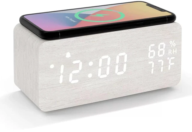 Main image of Wooden LED Alarm Clock with Temperature and Humidity Display White | 3-Level Adjustable Brightness, Calendar, Wireless Charging Sound Control for Bedroom Home Office