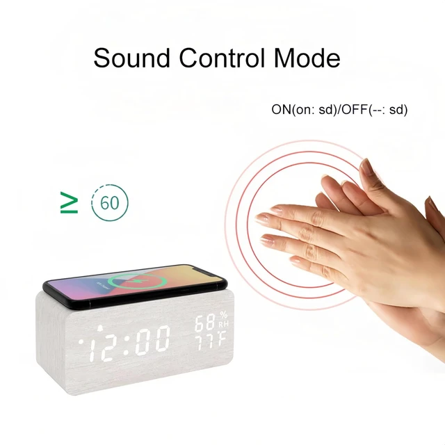 Alt view image 2 of 5 - Wooden LED Alarm Clock with Temperature and Humidity Display White | 3-Level Adjustable Brightness, Calendar, Wireless Charging Sound Control for Bedroom Home Office