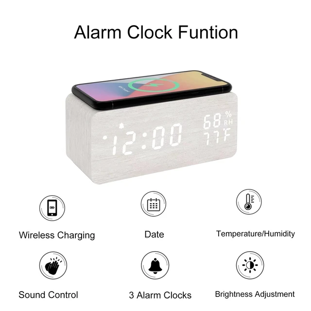 Alt view image 3 of 5 - Wooden LED Alarm Clock with Temperature and Humidity Display White | 3-Level Adjustable Brightness, Calendar, Wireless Charging Sound Control for Bedroom Home Office