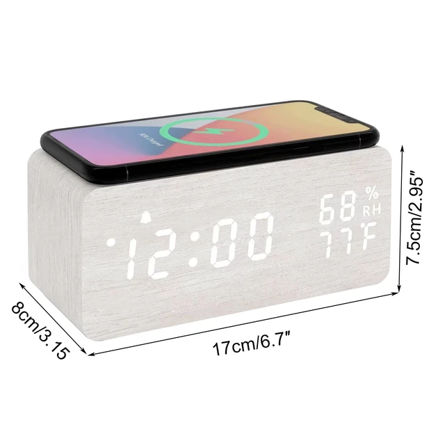 Alt view image 4 of 5 - Wooden LED Alarm Clock with Temperature and Humidity Display White | 3-Level Adjustable Brightness, Calendar, Wireless Charging Sound Control for Bedroom Home Office