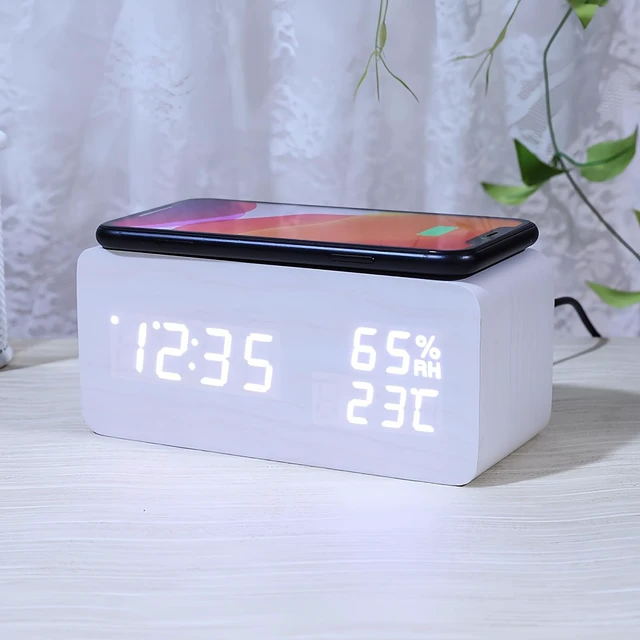 Alt view image 5 of 5 - Wooden LED Alarm Clock with Temperature and Humidity Display White | 3-Level Adjustable Brightness, Calendar, Wireless Charging Sound Control for Bedroom Home Office