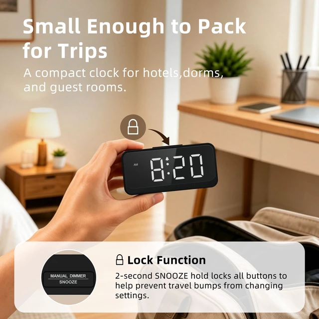 Alt view image 4 of 7 - Battery Operated Small Alarm Clock: Compact Cordless Design | Digital Large Display Clock for Bedrooms Desks and Travel - Simple to Use for Seniors Teens White Digits
