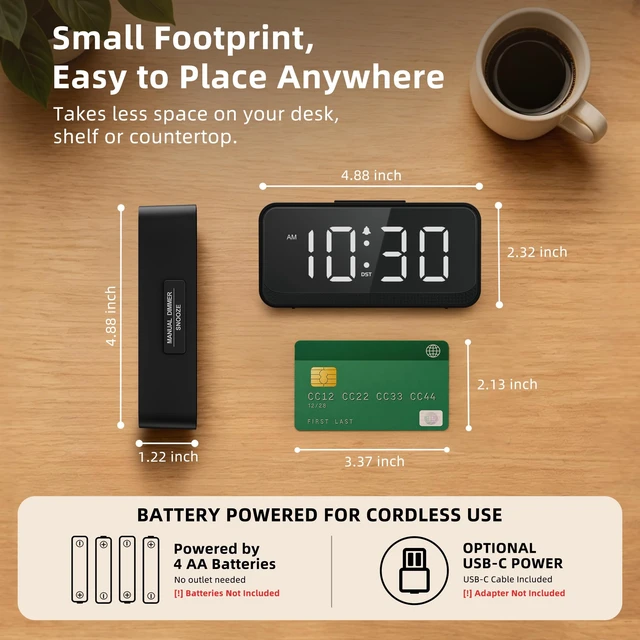 Alt view image 2 of 7 - Battery Operated Small Alarm Clock: Compact Cordless Design | Digital Large Display Clock for Bedrooms Desks and Travel - Simple to Use for Seniors Teens White Digits