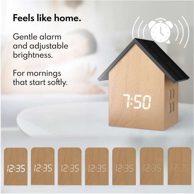 Alt view image 2 of 7 - Digital House-Shaped Alarm Clock with Temperature Display (Light Wood) Modern Aesthetic - Cute Cube Frame and White LED Dimmer - Perfect Small Desk Clock for Bedside Table or Bedroom Mantle