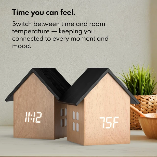 Alt view image 5 of 7 - Digital House-Shaped Alarm Clock with Temperature Display (Light Wood) Modern Aesthetic - Cute Cube Frame and White LED Dimmer - Perfect Small Desk Clock for Bedside Table or Bedroom Mantle
