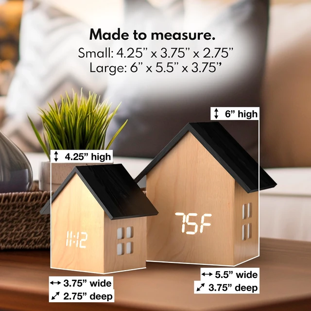 Alt view image 3 of 7 - Digital House-Shaped Alarm Clock with Temperature Display (Light Wood) Modern Aesthetic - Cute Cube Frame and White LED Dimmer - Perfect Small Desk Clock for Bedside Table or Bedroom Mantle
