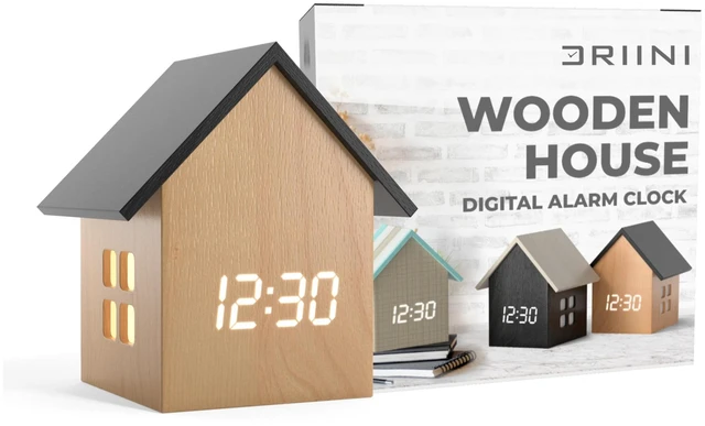 Main image of Digital House-Shaped Alarm Clock with Temperature Display (Light Wood) Modern Aesthetic - Cute Cube Frame and White LED Dimmer - Perfect Small Desk Clock for Bedside Table or Bedroom Mantle