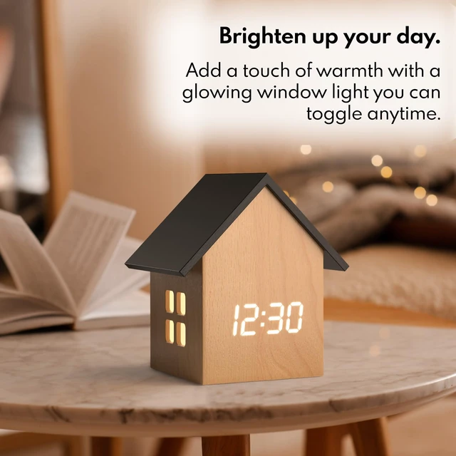 Alt view image 4 of 7 - Digital House-Shaped Alarm Clock with Temperature Display (Light Wood) Modern Aesthetic - Cute Cube Frame and White LED Dimmer - Perfect Small Desk Clock for Bedside Table or Bedroom Mantle