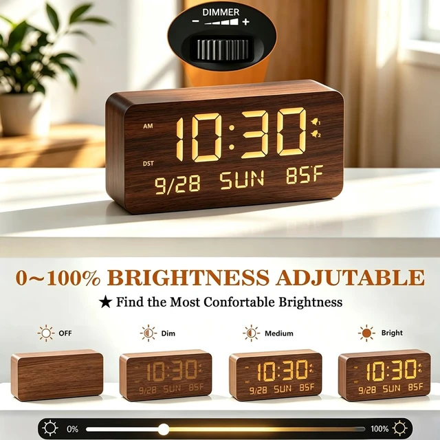 Alt view image 4 of 7 - Wooden Digital Alarm Clock for Bedroom - Desk Clock with Date, Day of Week, Temperature, Dual Alarms, Dimmer, USB Port Charge, DST, Adjustable Volume for Living Room/Office Wood Decor (Brown)
