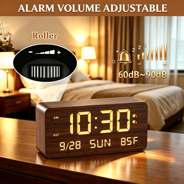 Alt view image 5 of 7 - Wooden Digital Alarm Clock for Bedroom - Desk Clock with Date, Day of Week, Temperature, Dual Alarms, Dimmer, USB Port Charge, DST, Adjustable Volume for Living Room/Office Wood Decor (Brown)