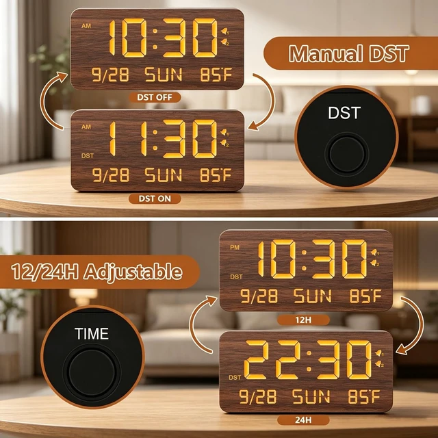 Alt view image 7 of 7 - Wooden Digital Alarm Clock for Bedroom - Desk Clock with Date, Day of Week, Temperature, Dual Alarms, Dimmer, USB Port Charge, DST, Adjustable Volume for Living Room/Office Wood Decor (Brown)