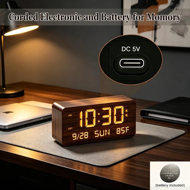 Alt view image 2 of 7 - Wooden Digital Alarm Clock for Bedroom - Desk Clock with Date, Day of Week, Temperature, Dual Alarms, Dimmer, USB Port Charge, DST, Adjustable Volume for Living Room/Office Wood Decor (Brown)