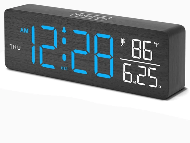 Main image of Wooden Digital Alarm Clock with Date & Day of Week for Bedroom | Large Display Desk Clock for Living Room, Temperature, Dimmer, Adjustable Volume, Auto DST, Office Wood Décor (Plug-in)