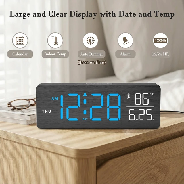 Alt view image 2 of 7 - Wooden Digital Alarm Clock with Date & Day of Week for Bedroom | Large Display Desk Clock for Living Room, Temperature, Dimmer, Adjustable Volume, Auto DST, Office Wood Décor (Plug-in)