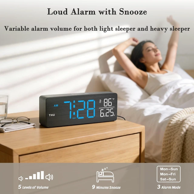 Alt view image 3 of 7 - Wooden Digital Alarm Clock with Date & Day of Week for Bedroom | Large Display Desk Clock for Living Room, Temperature, Dimmer, Adjustable Volume, Auto DST, Office Wood Décor (Plug-in)