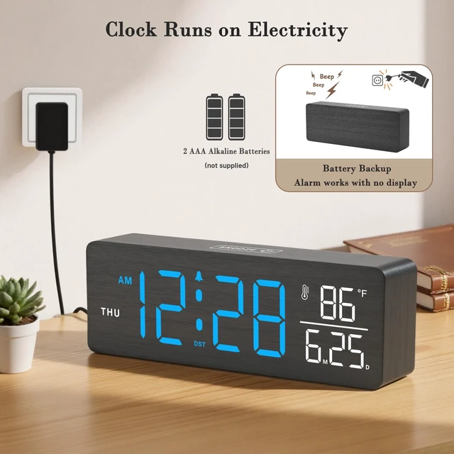 Alt view image 6 of 7 - Wooden Digital Alarm Clock with Date & Day of Week for Bedroom | Large Display Desk Clock for Living Room, Temperature, Dimmer, Adjustable Volume, Auto DST, Office Wood Décor (Plug-in)