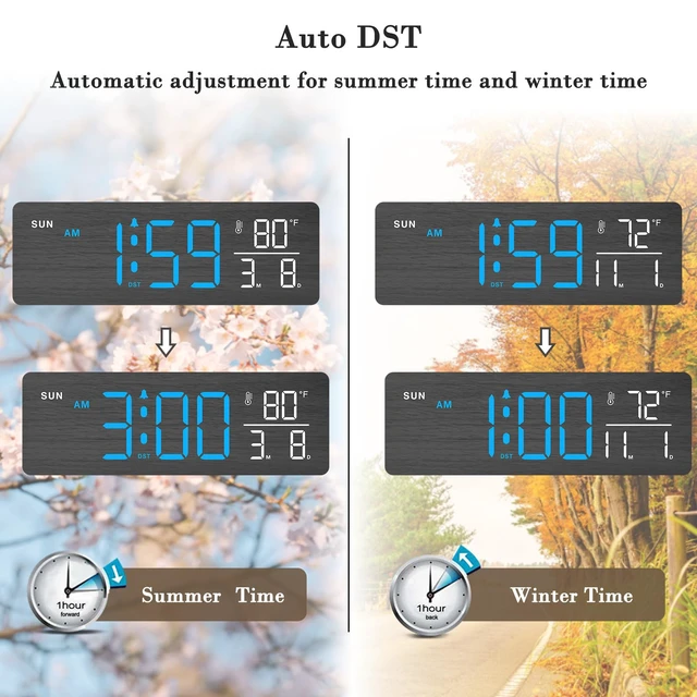Alt view image 5 of 7 - Wooden Digital Alarm Clock with Date & Day of Week for Bedroom | Large Display Desk Clock for Living Room, Temperature, Dimmer, Adjustable Volume, Auto DST, Office Wood Décor (Plug-in)