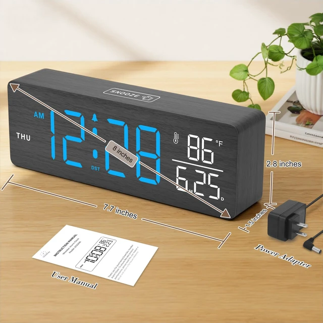 Alt view image 7 of 7 - Wooden Digital Alarm Clock with Date & Day of Week for Bedroom | Large Display Desk Clock for Living Room, Temperature, Dimmer, Adjustable Volume, Auto DST, Office Wood Décor (Plug-in)