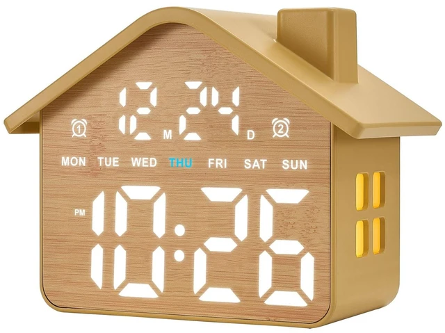 Main image of Wooden Digital Alarm Clock, Bedroom Clock with Large Numbers, Date, Week, Dual Alarms, Dimmer and Ambient Light, House-Shaped Electric Bedside Desk Clock, Adapter Batteries Powered
