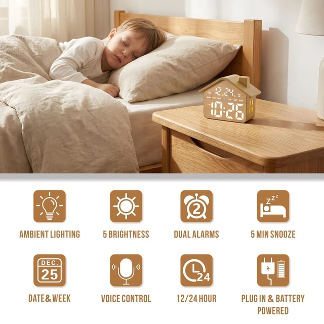 Alt view image 2 of 7 - Wooden Digital Alarm Clock, Bedroom Clock with Large Numbers, Date, Week, Dual Alarms, Dimmer and Ambient Light, House-Shaped Electric Bedside Desk Clock, Adapter Batteries Powered