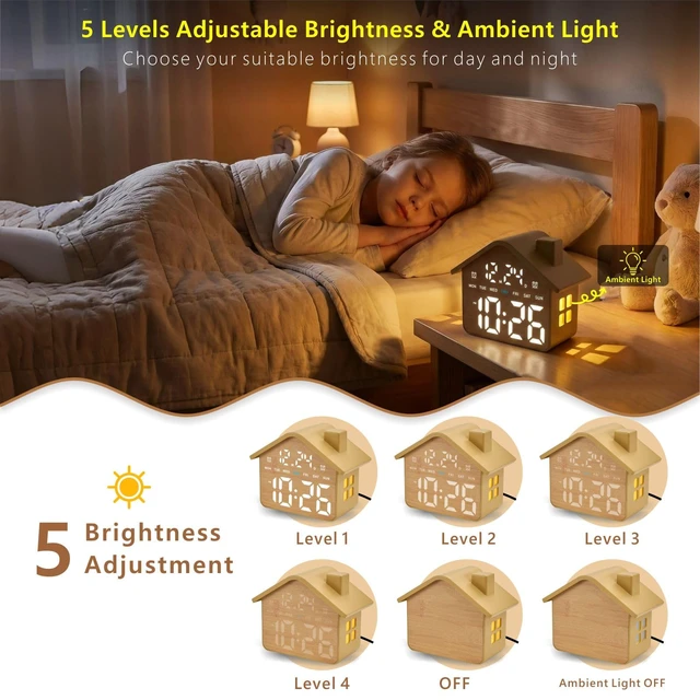 Alt view image 3 of 7 - Wooden Digital Alarm Clock, Bedroom Clock with Large Numbers, Date, Week, Dual Alarms, Dimmer and Ambient Light, House-Shaped Electric Bedside Desk Clock, Adapter Batteries Powered