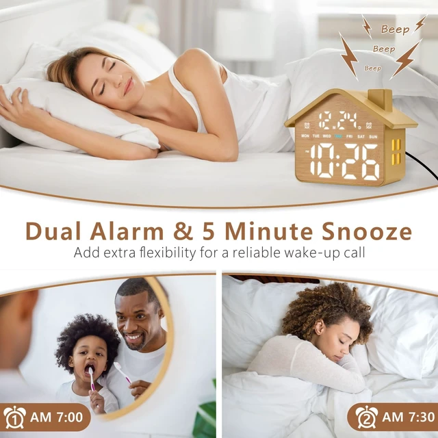 Alt view image 4 of 7 - Wooden Digital Alarm Clock, Bedroom Clock with Large Numbers, Date, Week, Dual Alarms, Dimmer and Ambient Light, House-Shaped Electric Bedside Desk Clock, Adapter Batteries Powered